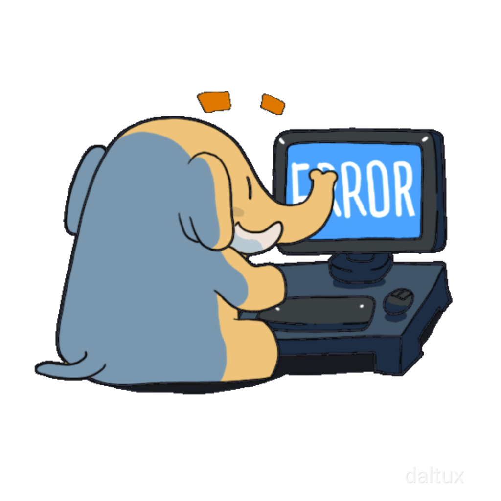 Animação de desenho de mastodonte batendo no teclado de um computador cuja tela diz "error"